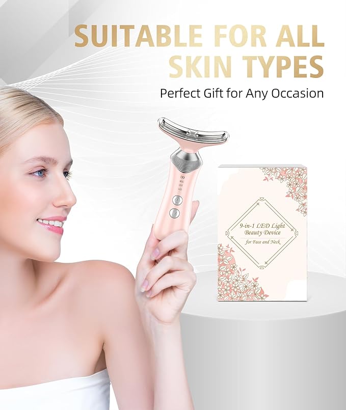 9-in-1 Red-Light-Therapy-for-Face-and-Neck, Portable Facial Massager Tool with Adjustable Vibration & Thermals for Wrinkles, Double Chin, Pink-BrightBean Baby