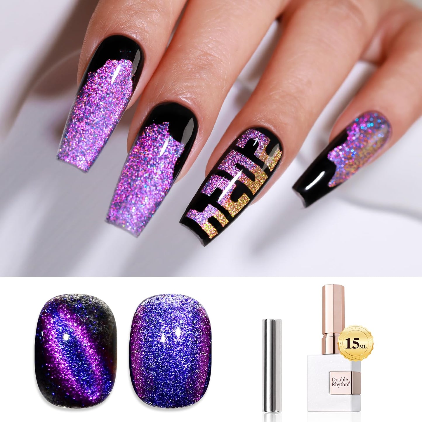 Double Rhythm Cat Eye Gel Polish with Magnet 15ML Holographic Glitter Shimmer Translucent Sheer Color Jelly Glass Magnetic Gel Polish Salon DIY at Home (Purple Blue-MC1074)-BrightBean Baby