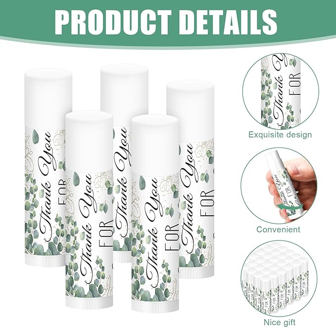 50 Set Bulk Thank You Combo Gifts Include Lip Balms Appreciation Ballpoint Pen Thank You Card Organza Drawstring Gift Bag Pouch for Wedding Parties Baby Shower Favors, Eucalyptus Leaves Style-BrightBean Baby