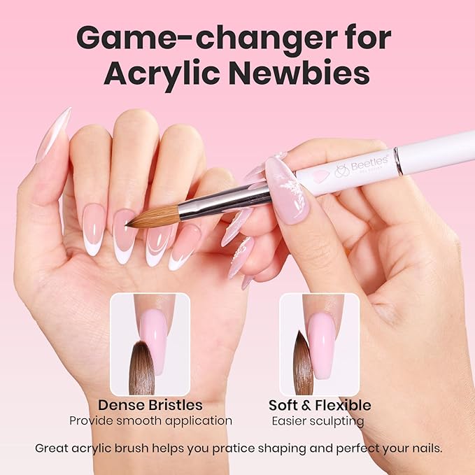 Beetles Acrylic Nail Brush Kolinsky Hair Bristles Round Shaped Metal Handle Nail Art Brushes for Manicure Extension Acrylic Powder DIY at Home Manicure Tool - Size 10-BrightBean Baby