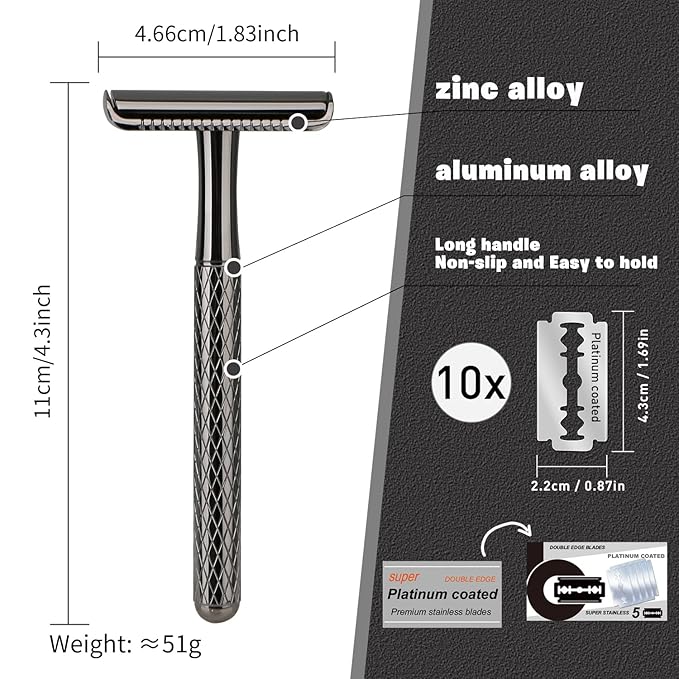 Shiny Gun Black Double Edge Safety Razor, Single Blade Razors for Men and Women, with 10 Stainless Steel Safety Razor Blades, Reusable, Smooth and Close Wet Shaving Kit, Plastic Free-BrightBean Baby