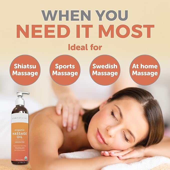 Viva Naturals Organic Massage Oil Unscented (8 fl. oz.) - Non-Greasy Body Oil with Mess-Free Pump, Moisturizing Massage Oils for Massage Therapy, Non-GMO and Certified Organic, 237 mL-BrightBean Baby