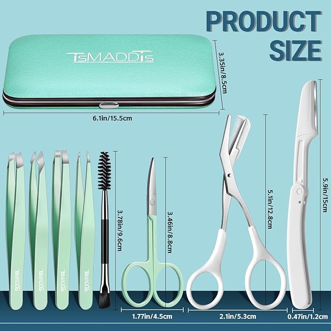 TsMADDTs Tweezers for Women, 8 in 1 Eyebrow Kit with Tweezers, Trimmer, Scissor, Razor, Brush with Travel Bag, Eyebrow Shaping Kit-BrightBean Baby