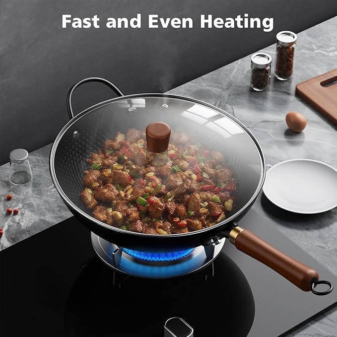 Nonstick Wok 13 Inch Carbon Steel Wok Pan with Glass Cover - Stir-Fry Pan