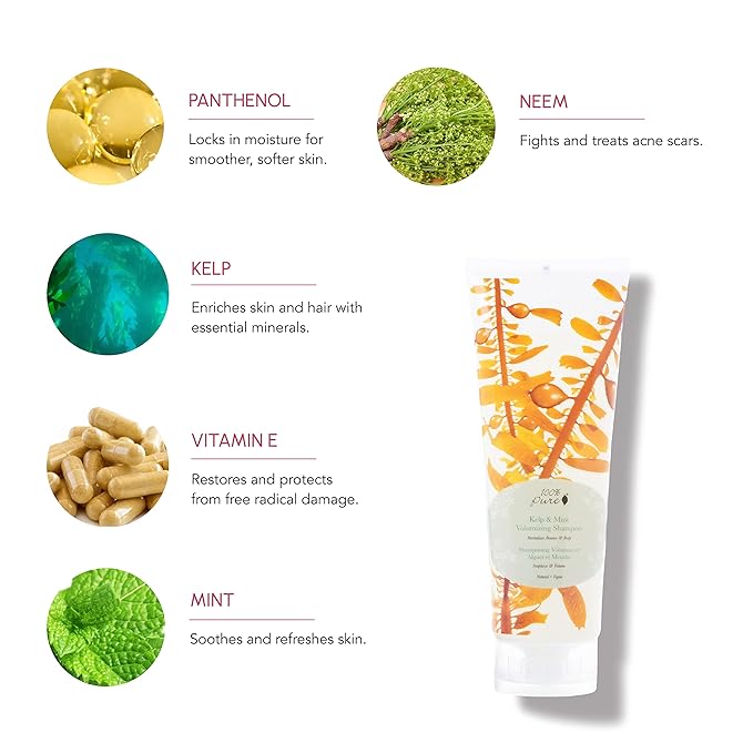 100% PURE Kelp & Mint Volumizing Shampoo Purifying Hydration & Deep Detox - Botanical Body Boost for Dry, Damaged Thinning Hair, Promotes Healthy Growth for Women & Men - Sulfate Free - 8 Fl Oz-BrightBean Baby