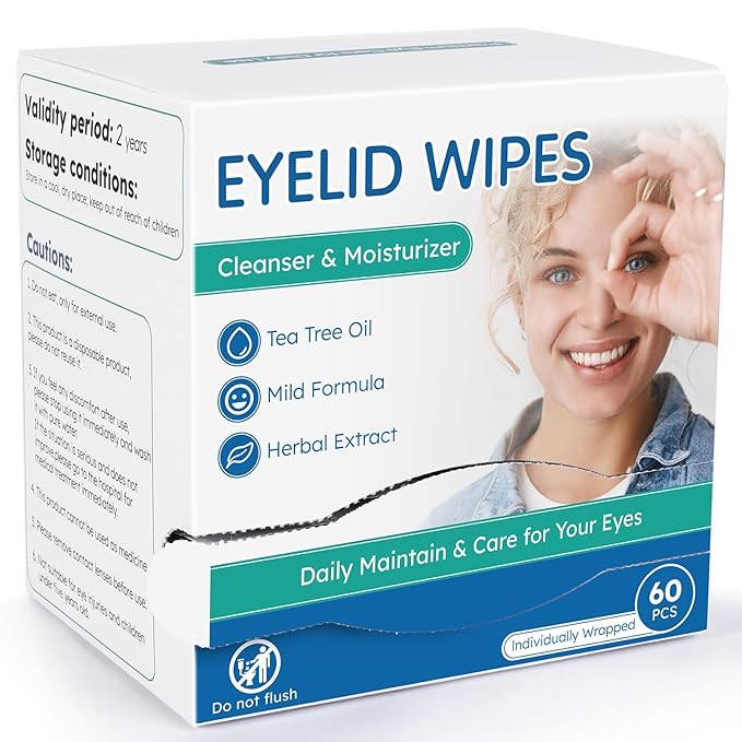 60-Count Eyelid Cleansing Wipes for Dry Eye & Blepharitis, tea tree oil Pre-Moistened Hypoallergenic EyeWipes for Sensitive Itchy Eyes, Individually Wrapped Eyelid Wipes Travel Essentials-BrightBean Baby