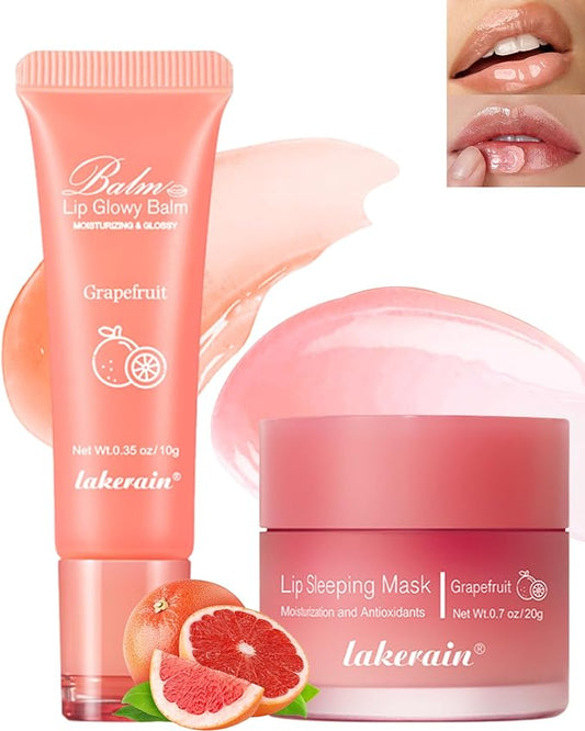 2Pcs Lip Glowy Balm & Lip Sleeping Mask Set,Hydrating Nourishing Repair Sleeping Lip Mask,Glossy Tinted Lip Balm,Day & Night Smooth Cracked Chapped Lip,Lip Care Therapy Treatment for Women-Grapefruit-BrightBean Baby