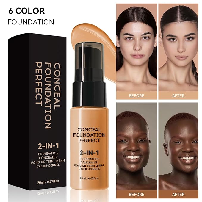 6 Colors Liquid Foundation Long-Lasting,Poreless Liquid Oil Concealer Foundation For All Skin Type,Waterproof & Sweat-Proof,Easy To Push Away,Flawless Finish Foundation,Balanced Skin Color-BrightBean Baby