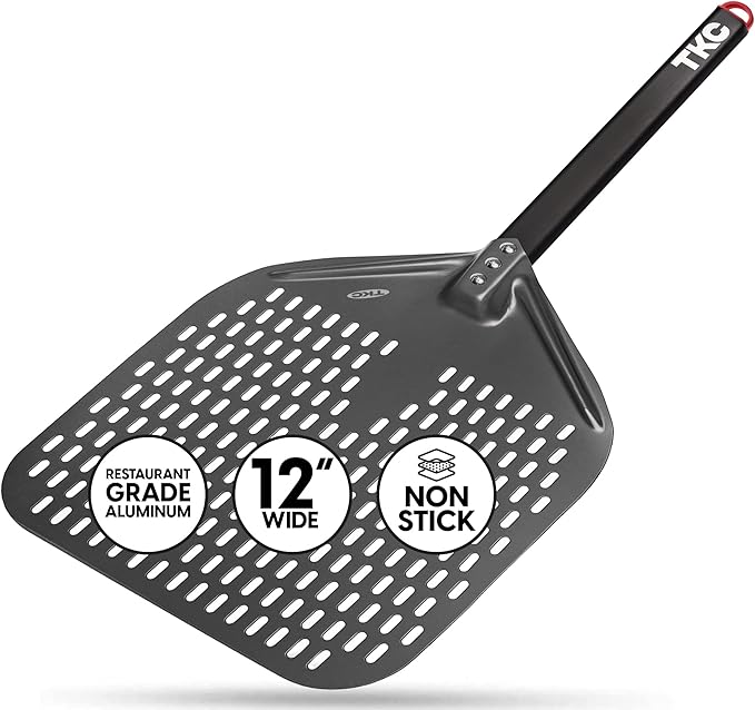 TKC Perforated Pizza Peel - 12" Metal Pizza Turner compatible with Ooni Ovens, Indoor & Outdoor Use, Durable and Heat-Resistant Handle, Lightweight Pizza Spatula (Black)