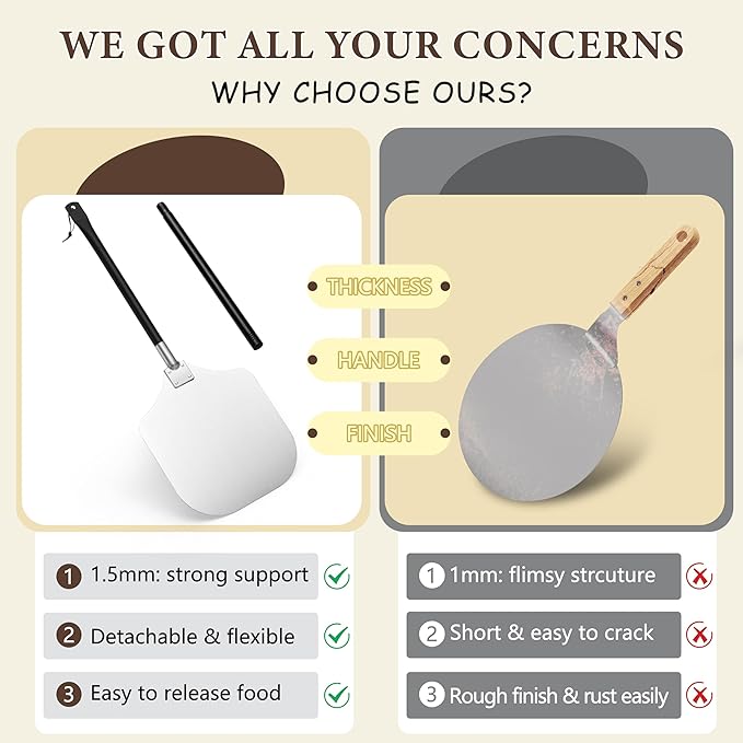 HaSteeL Aluminum Pizza Peel Spatula Set, 12 Inch Pizza Paddle Shovel, 14 Inch Metal Pizza Cutter Rocker, Pizza Oven Accessories Tools for Cooking Baking Turning Cutting, Long Detachable Handle