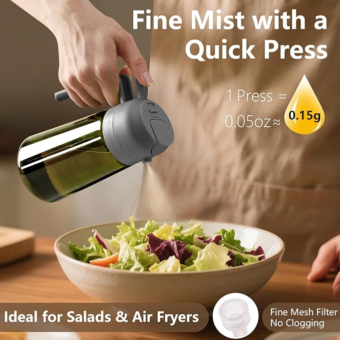 Olive Oil Dispenser and Oil Sprayer – 16oz/470ml Glass Light-Proof Oil Pourer for Kitchen, Air Fryer, Cooking, Salad, and BBQ