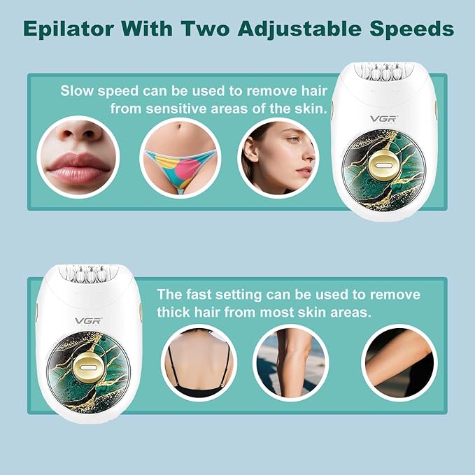 VGR 706 Professional Epilator for Women,Portable Cordless Smooth Glide Hair Removal Device for Legs, Underarm, Back,Full-Body Epilator with 18 Tweezers System, 2 Speeds Hair Removal with Silent Design-BrightBean Baby