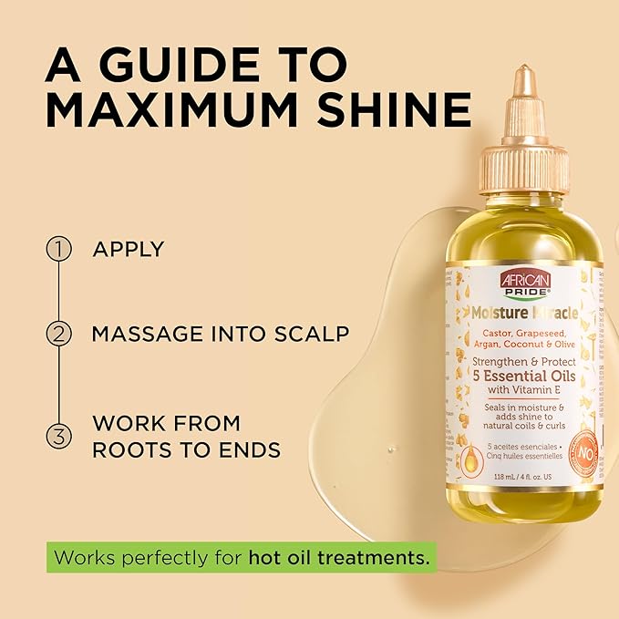 African Pride Moisture Miracle 5 Essential Hair Oils with Vitamin E | Moisture, Shine, Protection, and Growth | Argan, Castor, Grapeseed, Coconut, and Olive Oil | 4 oz-BrightBean Baby