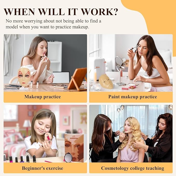 Makeup Practice Face, Eye Makeup Practice Head Silicone, Makeup Practice Accessories Set with Face Painting Mannequin Head, Makeup Brushes, Face Painting and Eyebrow Pen, Makeup Practice Gift, Yellow-BrightBean Baby