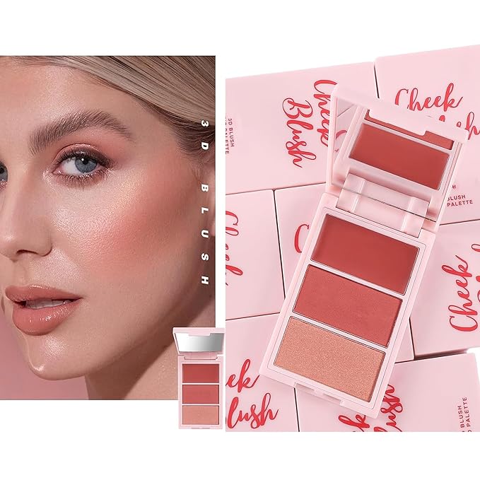 3D Blush Palette, Multi-Use Shimmery Contour Powder Palette Face Contour Cheeks Lightweight Smooth Blendable Blush Highlighter Powder Beauty, Natural Shimmery Or Matte Finish, #02 Orange