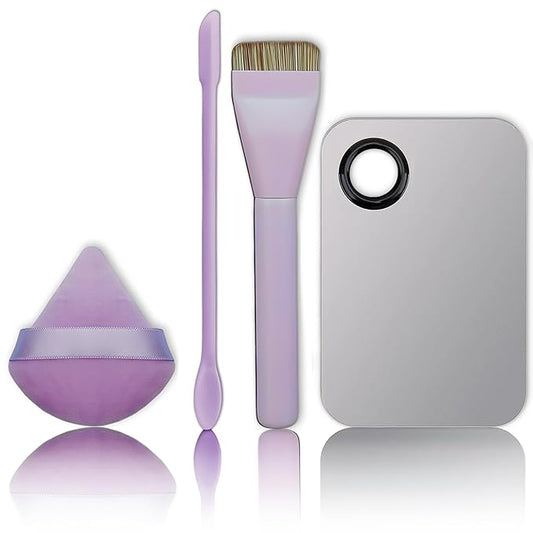 Makeup Brush Set - Flat Foundation Brush, Blender Sponge, Face Spatula, Puff & Heart-Shaped Mixing Palette with Leather Case – Complete Face Makeup Tool Kit for Blending, Foundation & Application-BrightBean Baby