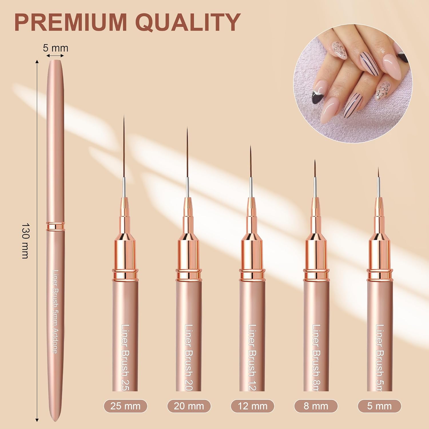 Artdone Metallic Nail Art Pens, Liner Brushes Set, 5PCS Copper Color Nail Tools For Long Lines, Thin Details, Fine Drawing, Liner Brush UV Gel Polish Painting Nail Design Sizes 5/8/12/20/25mm-BrightBean Baby