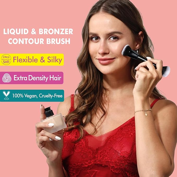 Bueart Design Complexion Duo Brush and Liquid & Bronzer Contour Makeup brushes set with ultra-soft dense hair Double-ended for Foundation Liquid Cream Concealer,Vegan and Cruelty-Free,M18-BrightBean Baby