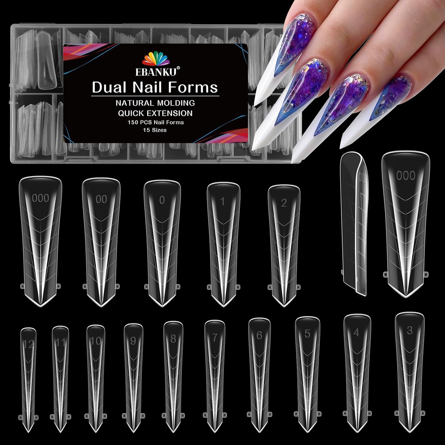 EBANKU Dual Nail Forms for Poly Extension Gel, 150 PCS Clear Claw Nail Molds Reusable 15 Sizes Nail Extension Forms for Builder Gel Manicure Design Salon DIY-BrightBean Baby