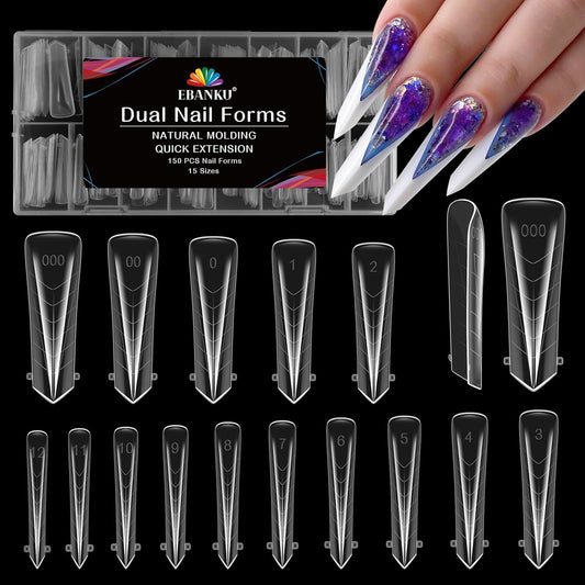EBANKU Dual Nail Forms for Poly Extension Gel, 150 PCS Clear Claw Nail Molds Reusable 15 Sizes Nail Extension Forms for Builder Gel Manicure Design Salon DIY-BrightBean Baby