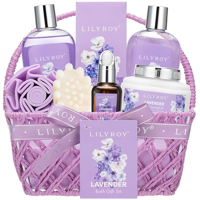 Mothers Day Gifts for Mom - 8 Pcs Lavender Bath & Body Gift Set for Women, Spa Gift Basket with Bath Bomb | Christmas, Birthday Gifts, Self Care & Pampering Gifts for Her, All Occasion Holiday Present-BrightBean Baby