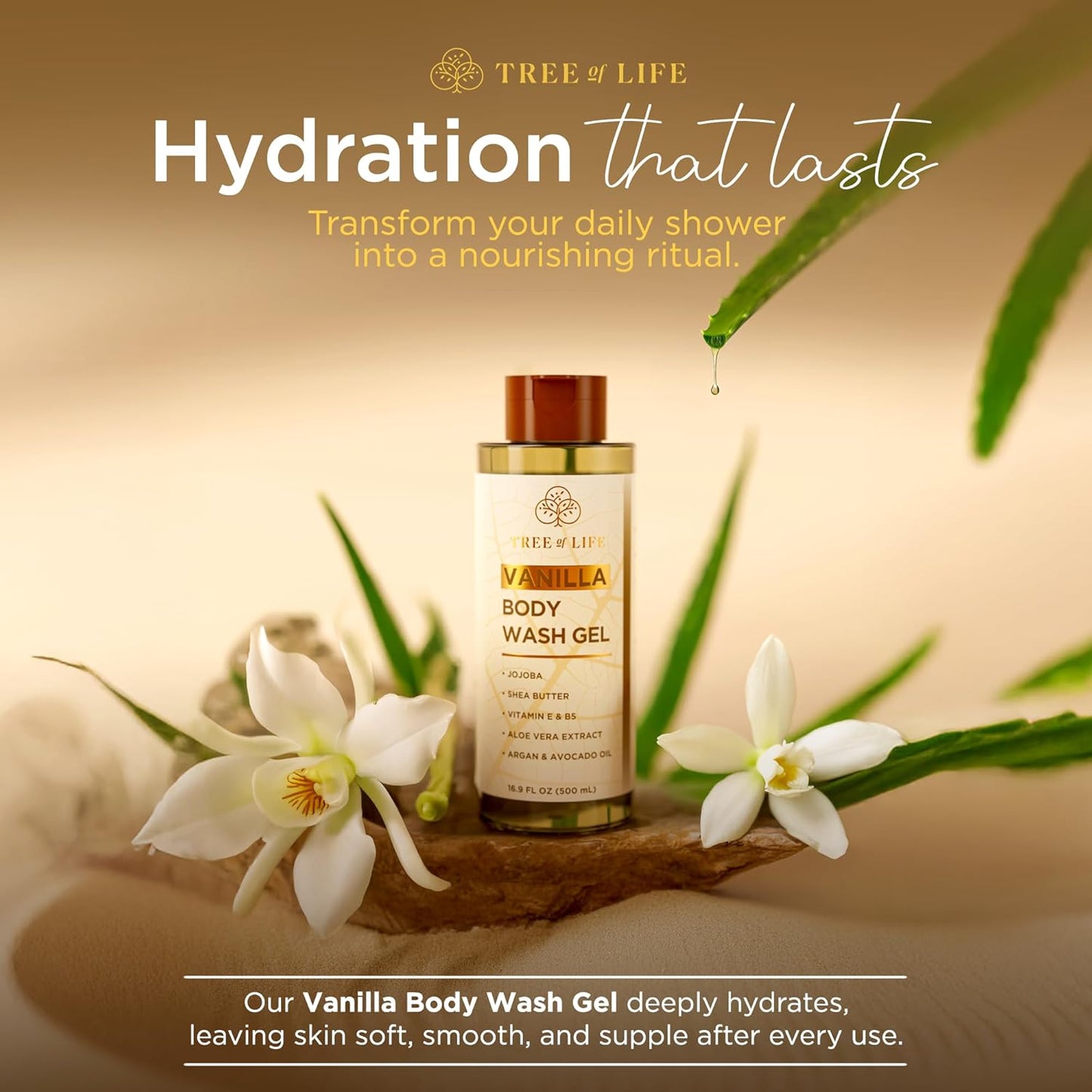 Tree of Life Vanilla Body Wash Gel - Moisturizing Shower Gel with Jojoba Oil and Shea Butter Hydrating Body Wash for Sensitive Skin and All Skin Types, 16.9 fl oz-BrightBean Baby