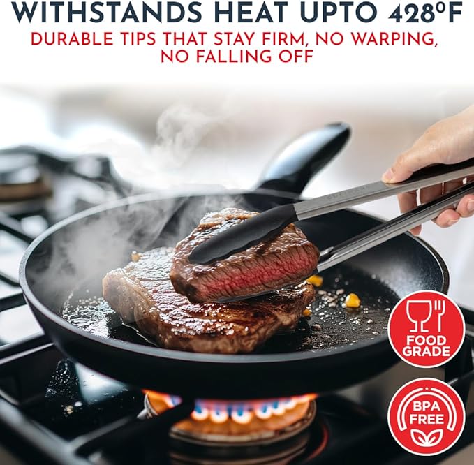 Kitchen Tongs for Cooking with Silicone Tips, Heat Resistant Tongs for Serving Food, 7-Inch, 9-Inch, 12-Inch Locking Silicone Tong, Set of 3 Salad Tong, Black Kitchen Utensils