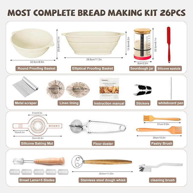 Sourdough Starter Kit, 26PCS Sourdough Bread Baking Supplies, Including a Sourdough Starter Jar (34OZ), Silicone Banneton Bread Proofing Basket Set of 2 (Yellow wood, Oversized glass mouth)