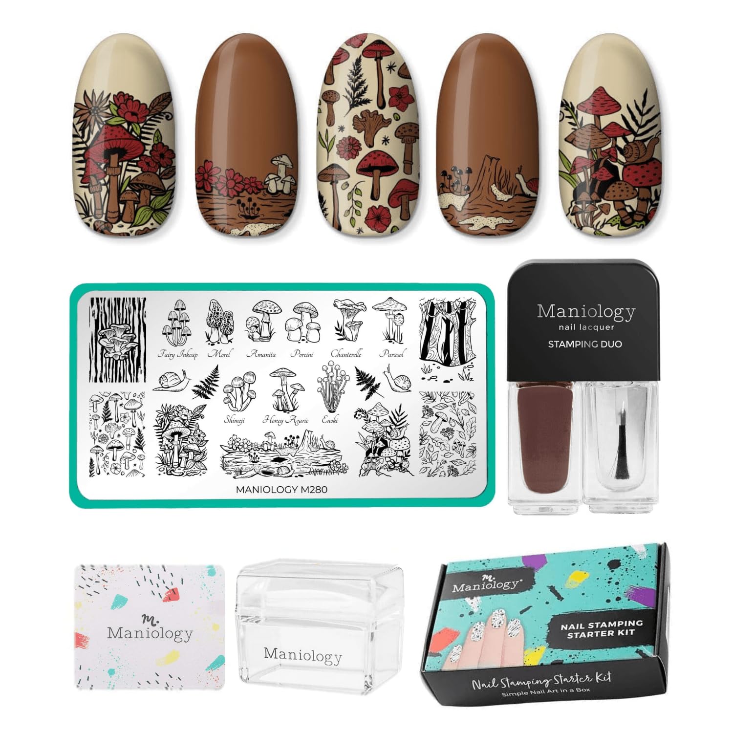 Maniology Magic Mushroom Nail Stamping Starter Kit | Plant-Inspired Nail Art with Whimsical Mushrooms Design for DIY Manicure – Includes Stamping Plate, Polish, Top Coat, Stamper & Scraper Card-BrightBean Baby