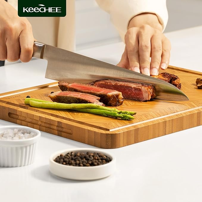 Atelier Collection Bamboo Cutting Board, Reversible Boards for Kitchen with Deep Juice Grooves and Handles, Large Wood Chopping Board for Cooking and Serving, Handcrafted Luxury Cutting Board
