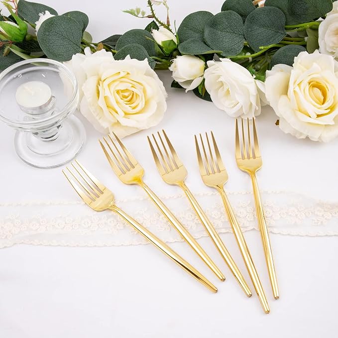 U-QE 180Pcs Gold Plastic Forks - 7.6 Inch Heavy Duty Plastic Forks, Heavyweight Gold Plastic Silverware Perfect For Parties & Weddings and Other Daily Events