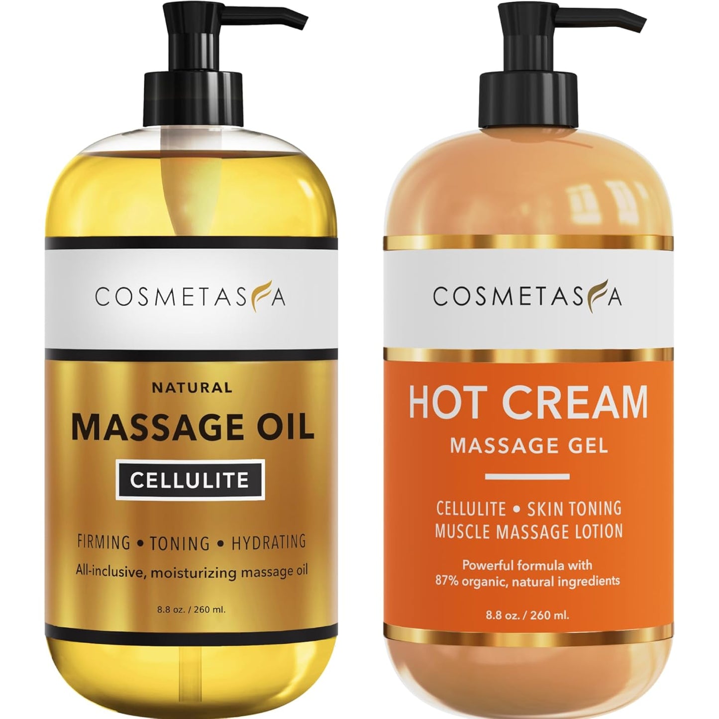 Cellulite Massage Oil & Hot Cream - 100% Natural Cellulite Oil & Gel, Highly Absorbable, Firm, Tone, Tighten & Moisturize Skin - Soothes Muscles (8.8 Fl Oz Each Bottle)-BrightBean Baby