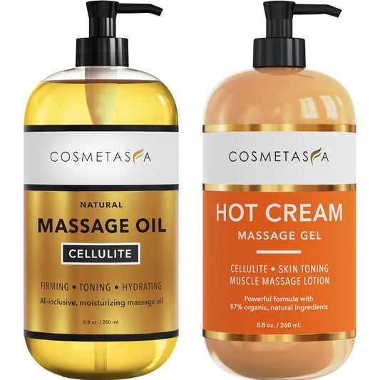 Cellulite Massage Oil & Hot Cream - 100% Natural Cellulite Oil & Gel, Highly Absorbable, Firm, Tone, Tighten & Moisturize Skin - Soothes Muscles (8.8 Fl Oz Each Bottle)-BrightBean Baby