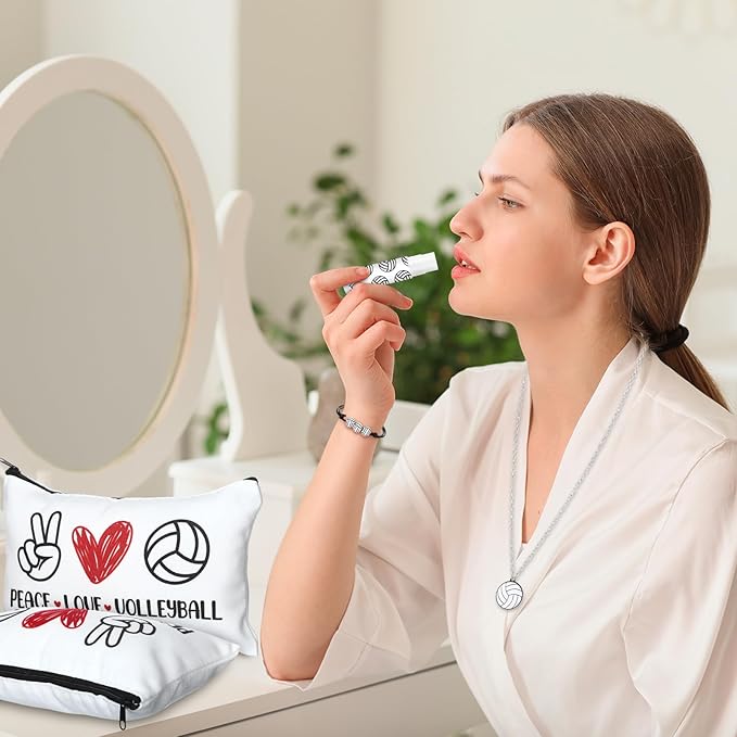 72 Pcs Sports Team Gifts Include 12 Makeup Bags 12 Lip Balm 12 Lip Balm Holder 12 Necklace 12 Adjustable Bracelet 12 Mirrors for Sports Lovers Players Party Favors (White, Volleyball)-BrightBean Baby