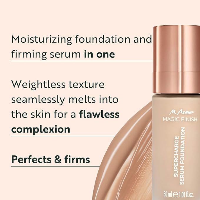 M. Asam MAGIC FINISH Supercharge Serum Foundation Warm Sand (1.01 Fl Oz) - Moisturizing Make Up & Firming Face Serum In One, Anti-aging CC Cream With Optimal Coverage & Hyaluronic Acid-BrightBean Baby