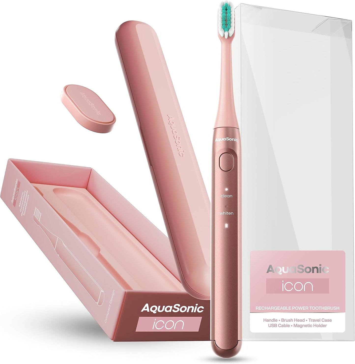 Aquasonic Icon ADA-Accepted Rechargeable Toothbrush | Magnetic Holder & Slim Travel Case | 2 Brushing Modes & Smart Timers | Gentle Micro-Vibrations (Blush)-BrightBean Baby