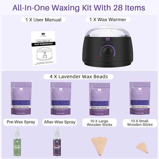 BLITZWAX Brazilian and Bikini Waxing Kit for Women, Hard Wax Warmer for Face, Legs, and Body, At Home Hair Removal Kit, Beginner Friendly, Quick Heating, 28 Accessories-BrightBean Baby