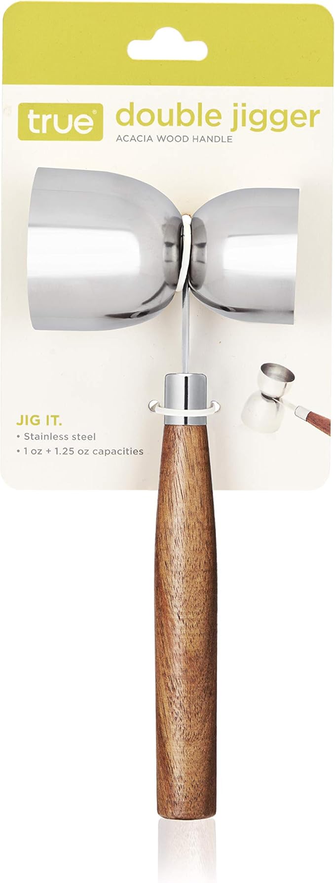 True Double Jigger with Acacia Handle, Bar Supplies, Drink Tools, Craft the Perfect Cocktails, 1oz & 1.25oz Capacities, Stainless Steel