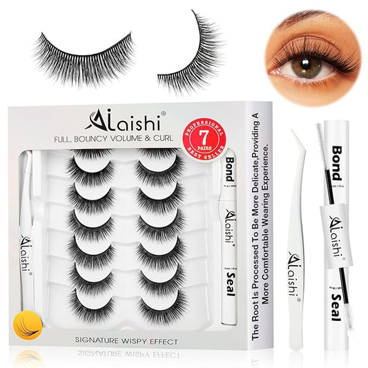 Wispy False Eyelashes Kit With Bond, Seal and Tweezer, 7 Pairs Natural Look Fake Cat Eye Lashes Strips Thin Band Extensions Waterproof Easy Eyelashes for Beginners RQ11-BrightBean Baby