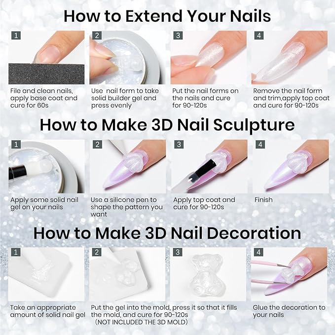 MIZHSE Solid Builder Gel for Nails Kit: 2PCS 30g 3D Pearl White & Clear Hard Gel for Nailswith Nail Forms 3D Silicone Mold Soak off U V LED Builder Gels for Extension Home Manicure-BrightBean Baby