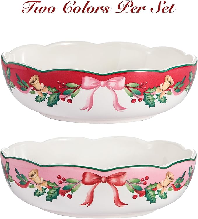 Bico Ribbon Christmas Scalloped Pasta Bowls, 36oz Salad Bowl Set of 4, Large Ceramic Serving Dinner Bowls for Soup and Cereal, Microwave and Dishwasher Safe, Gift for Housewarming and Holiday
