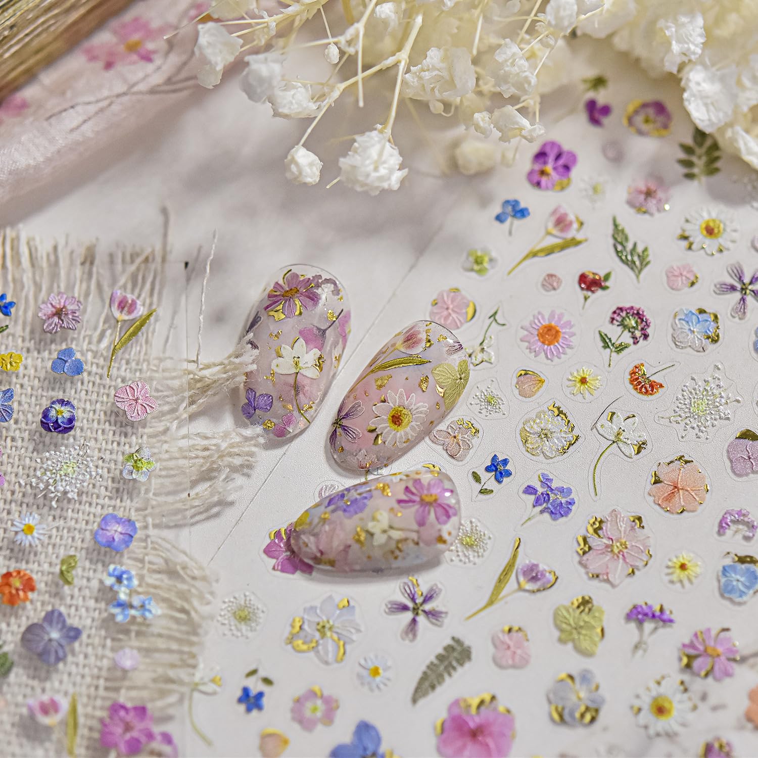 Flowers Nail Art Stickers Colorful Dried Flower Nail Decals 3D Self Adhesive Gold Foil Designs Spring Summer Nail Sticker Daisy Nail Stickers Cute Floral Nail Decal for DIY Nail Art Nails Decor Women-BrightBean Baby