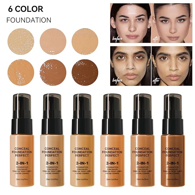 6 Colors Liquid Foundation Long-Lasting,Poreless Liquid Oil Concealer Foundation For All Skin Type,Waterproof & Sweat-Proof,Easy To Push Away,Flawless Finish Foundation,Balanced Skin Color-BrightBean Baby