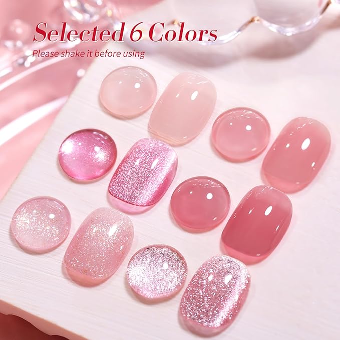 Born Pretty Gel Nail Polish Pink Nude Series,Jelly Transparent,Cat Magnetic Eye,Shimmer Glitter Holographic Pink Nude Gel Polish Kit for Salon Manicure and Nail Art DIY at Home 6Colors-BrightBean Baby