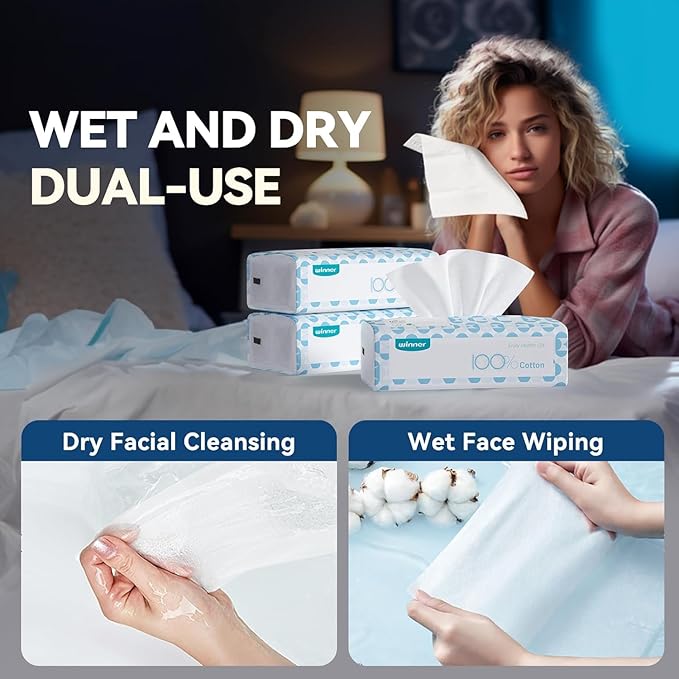 Winner Softer Face Towels - 100% USA Cotton Dry Wipes, 300 Count Unscented Cotton Tissues for Sensitive Skin, OEKO-TEX Certified Face Towelettes Disposable, Makeup Remover Facial Towels, 3 Pack-BrightBean Baby