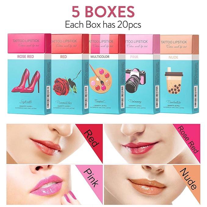 FLIPNEX 20Pcs Cotton Swab Tattoo Lipstick, Tattoo Lipstick Cotton Swab Lip Tint, Waterproof and Long Lasting Liquid Non-Stick Portable Lip Gloss (Red)-BrightBean Baby