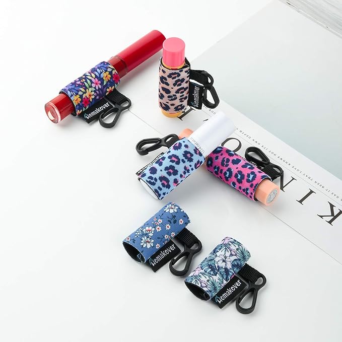 6 Pack Compact Clip-On Chapstick Holder Premium Release Clip Neoprene Sleeve with Clip Fits Most Standard Lip Balm-BrightBean Baby