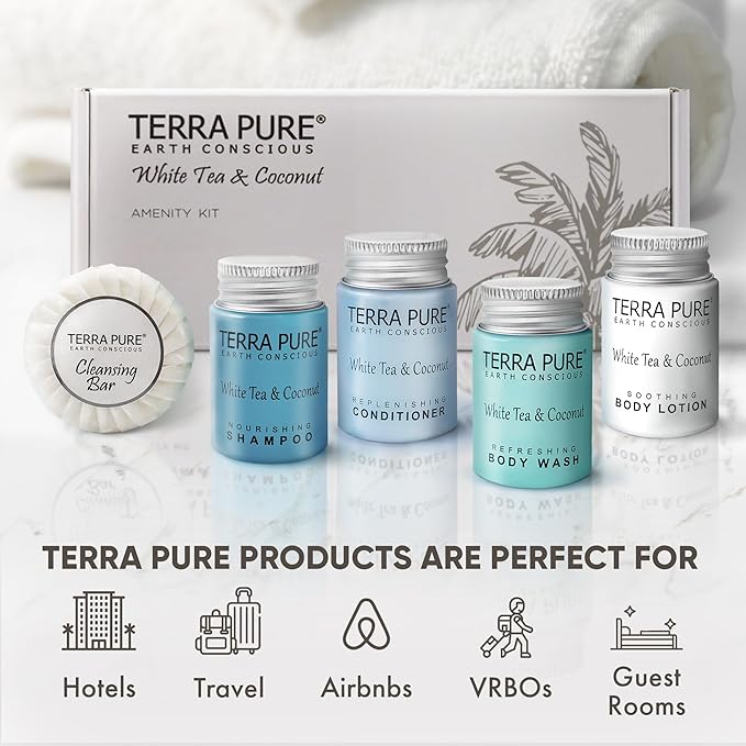 Terra Pure White Tea and Coconut Amenity Kit | Hotel Toiletries | 1oz Travel Size Shampoo, Conditioner, Lotion, Body Wash & Cleansing Bar for Guest Hospitality AirBnB/Vacation Rentals | 1 set/case-BrightBean Baby
