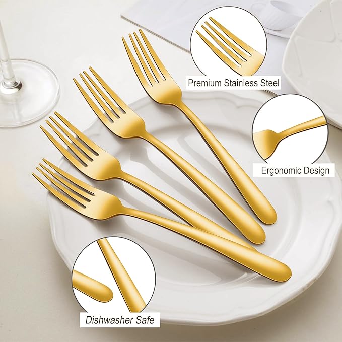 Pleafind 36 Pieces Gold Dinner Forks Set (8 inch), Forks Silverware, Mirror Polished Fork Set, Small Forks for Home, Kitchen, Restaurant, Dishwasher Safe