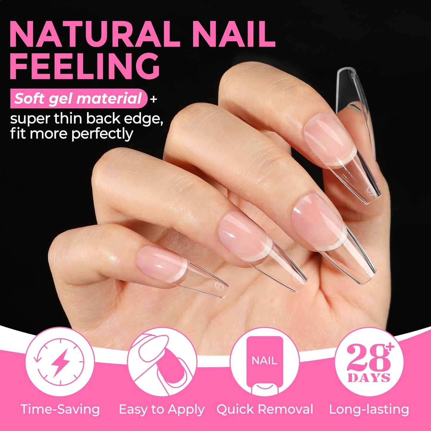 UNA GELLA Long Coffin Nail Tips: 216pcs Coffin Acrylic Fake Nails Full Cover Gel Nail Tips Press On Nails Clear Tips for Nail Extension DIY Salon 12 Sizes-BrightBean Baby